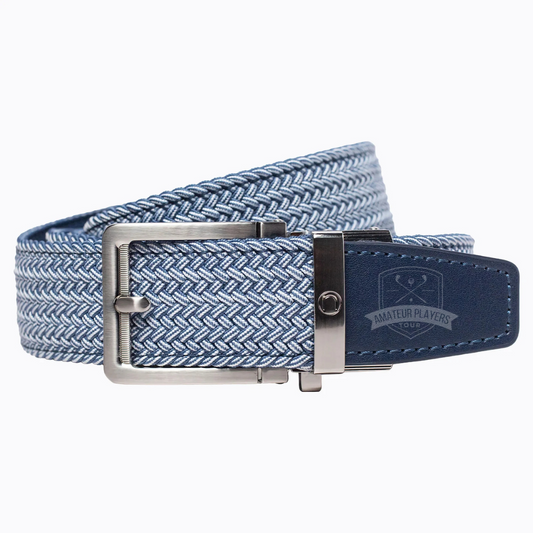 Blue woven belt with silver buckle on a white background