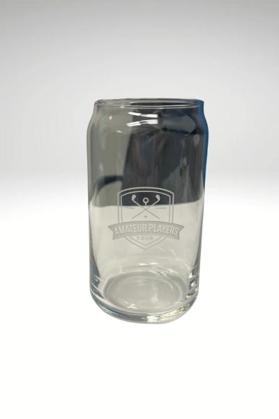 A clear glass can cooler with a logo on the side.