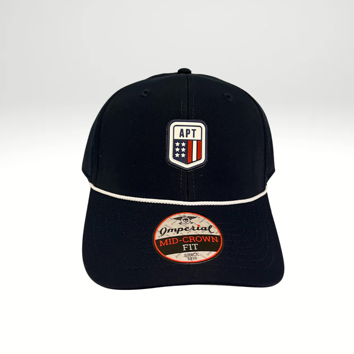 A navy 6-Panel Performance Rope Cap with a white woven rope detail around the base of the front panels and an adjustable plastic snap closure.