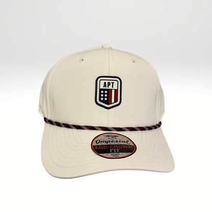 A white 6-Panel Performance Rope Cap with a white woven rope detail around the base of the front panels and an adjustable plastic snap closure.