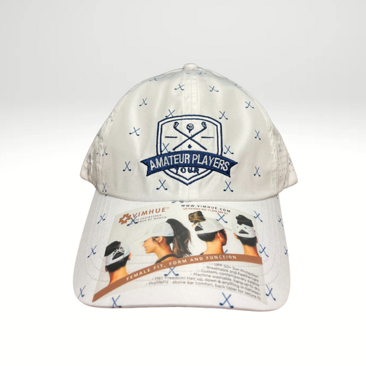 A white golf hat with a pattern of golf clubs and balls, featuring a logo at the top.