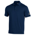 A navy blue Under Armour men's polo shirt with a collar, three button placket, and a logo on the upper back.