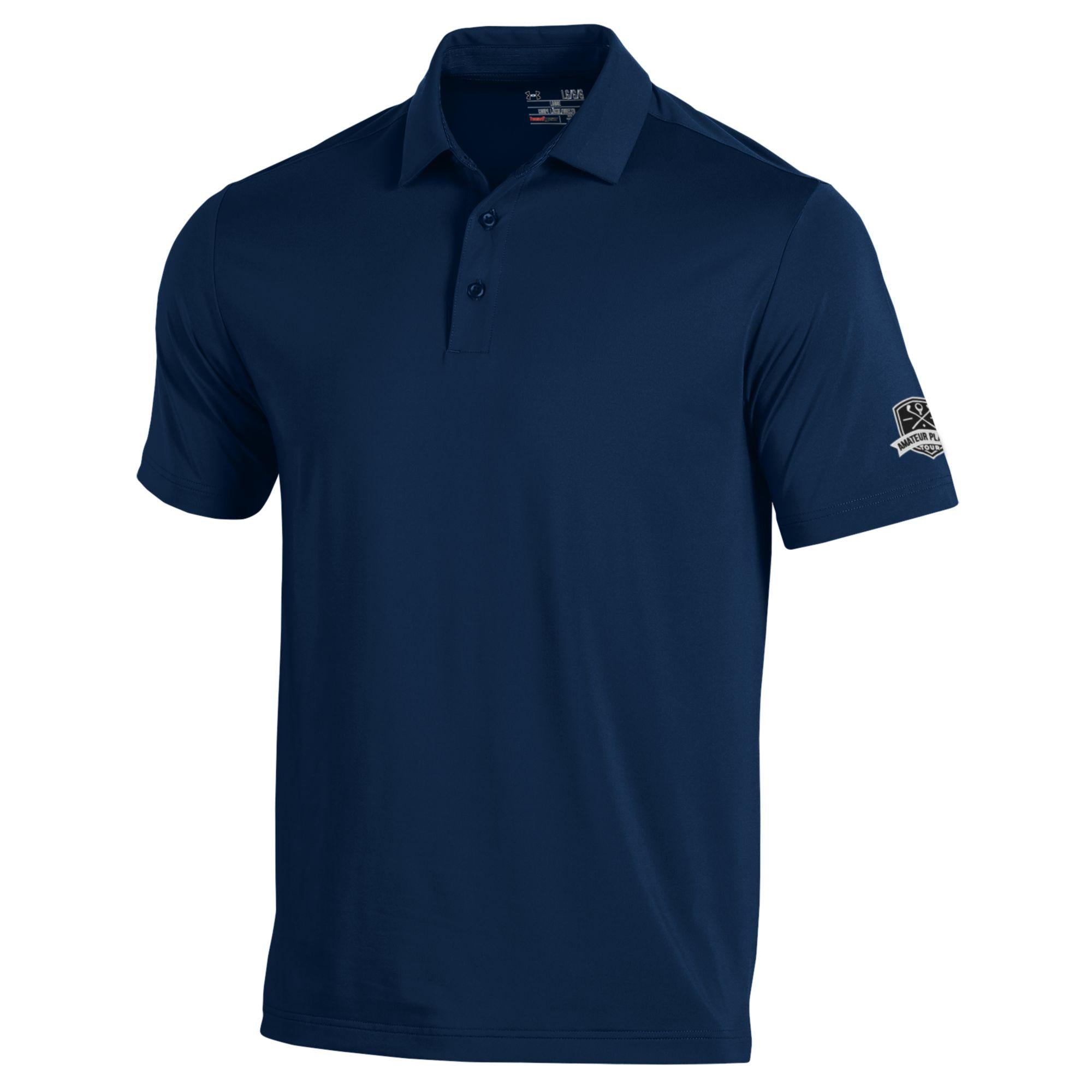 A navy blue Under Armour men's polo shirt with a collar, three button placket, and a logo on the upper back.