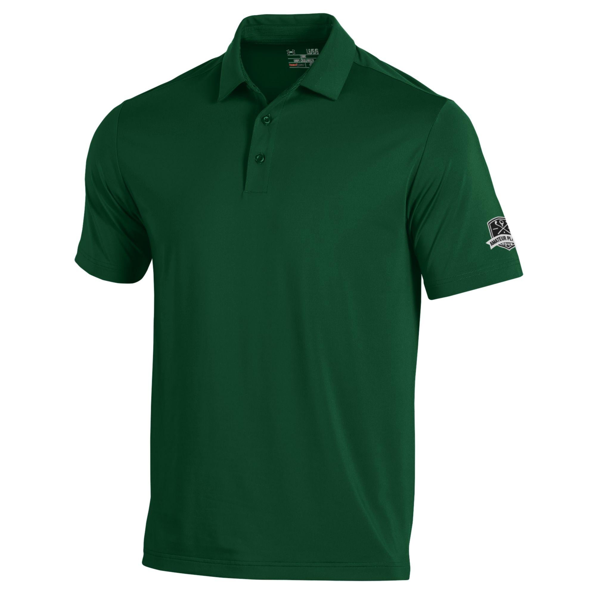 A forest green Under Armour men's polo shirt with a collar, three button placket, and the APT logo on the sleeve.